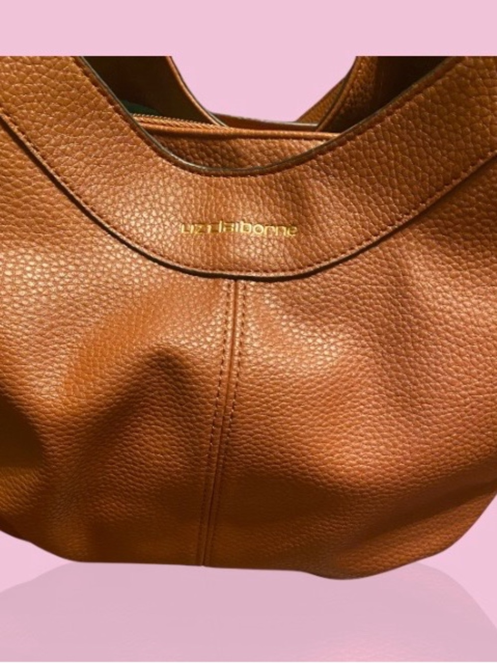 Liz Claiborne Cognac Pebbled Leather Shoulder Tote. measurements are 13 x 10. - Picture 6 of 9